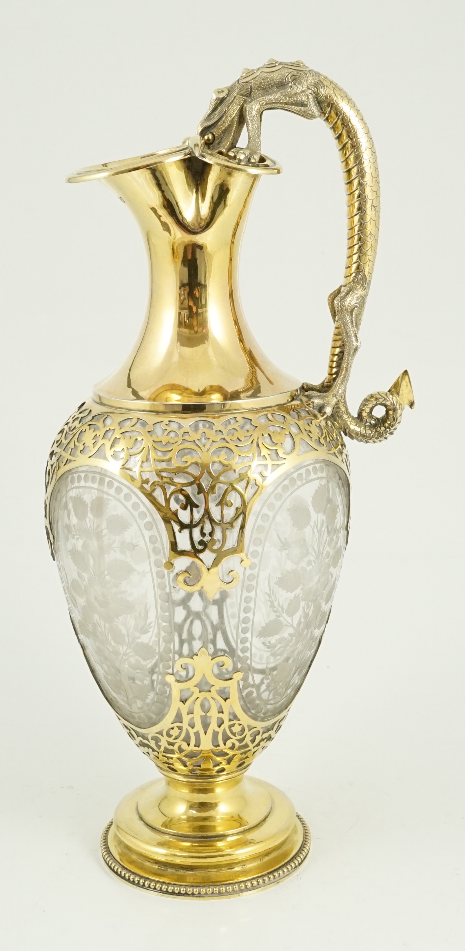 A good Victorian silver gilt mounted etched glass claret jug, by Goldsmiths Alliance